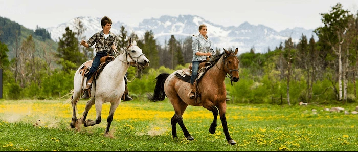 Confident plus-size woman riding Bracknell a horse through a field with a smile on her face.